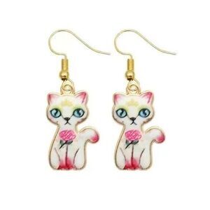 Kitty Cat Pink Floral Colorful‎ Enamel Earrings Dangle NWT